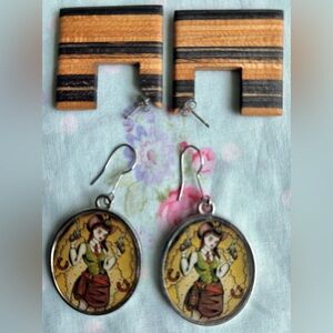 Vintage SourPuss Earrings Metal western cowgirl & Retro Wood earrings 2 pairs
